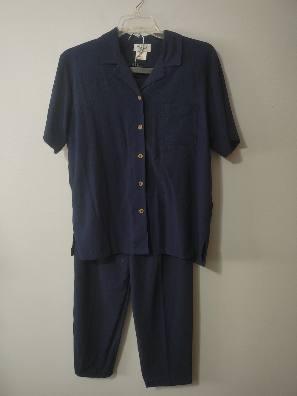 Teddi Dark Navy Button-Up Blouse Sz M W/ Elastic Pant Sz 16